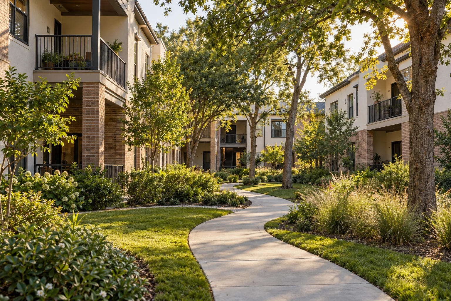 Sunlit shared walkway between low-rise apartment buildings and a planted courtyard.